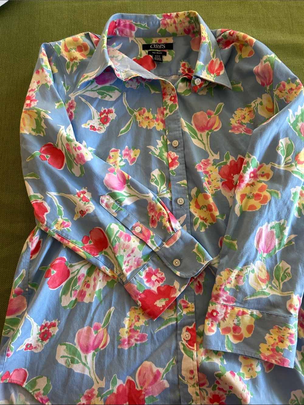 Chaps Blue Floral Button-Up Shirt with Pink and Red Blooms cotton 100 - Picture 1 of 6